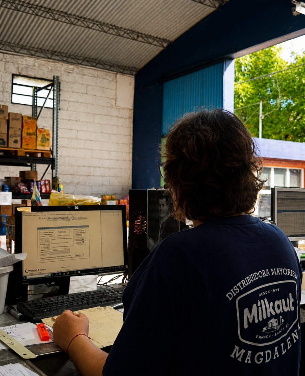 Integrante del equipo administrativo facturando en la oficina de la distribuidora
